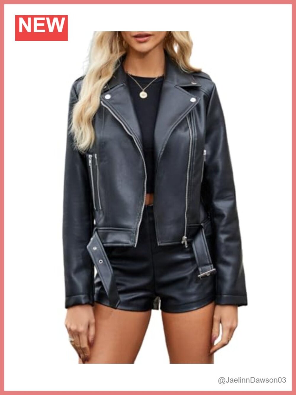 Faux Leather Moto Jacket Oversized Belted Zip Long Sleeve Women's Fall Coat